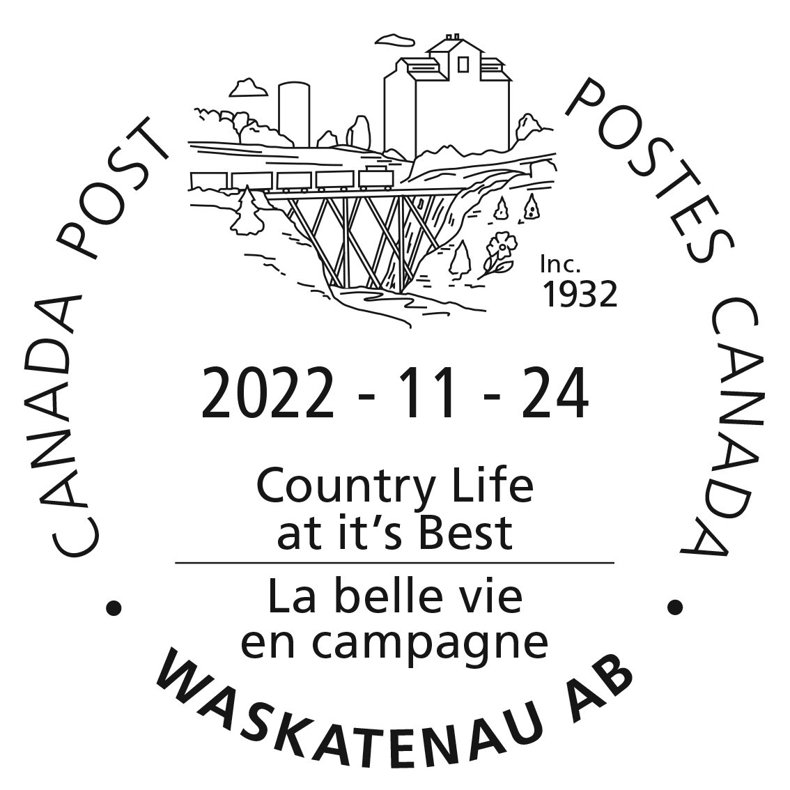 Farm buildings and a train on a trestle over a river with the local motto Country Life at it’s Best, dated November 24, 2022.
