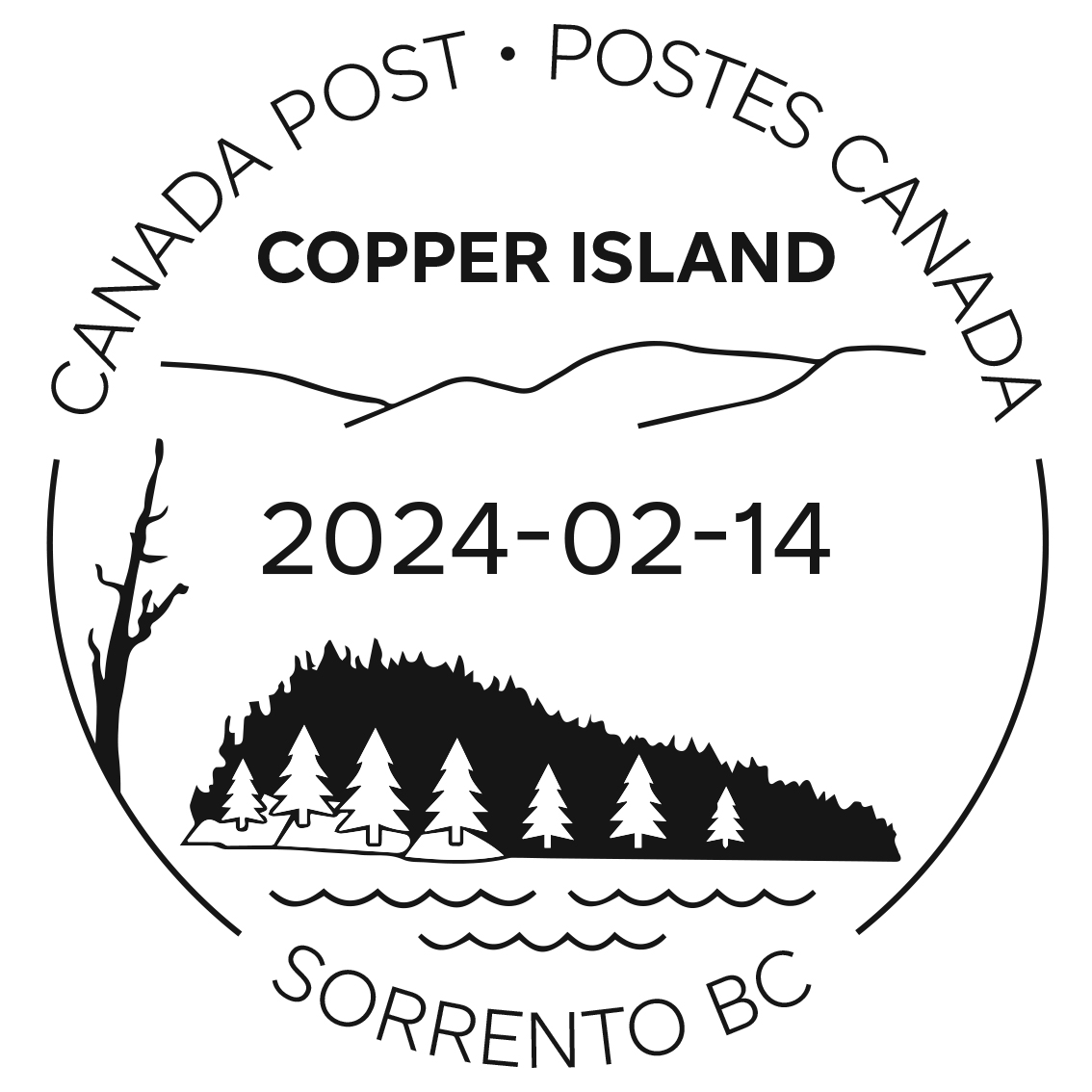 Copper Island covered with trees, lake in foreground and mountains in background, dated February 14, 2024.