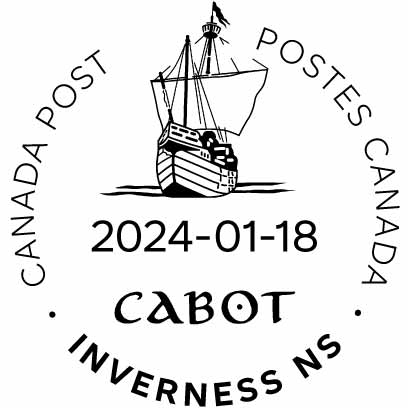 Wooden sailing ship on the water with Cabot in stylized font, dated January 18, 2024.