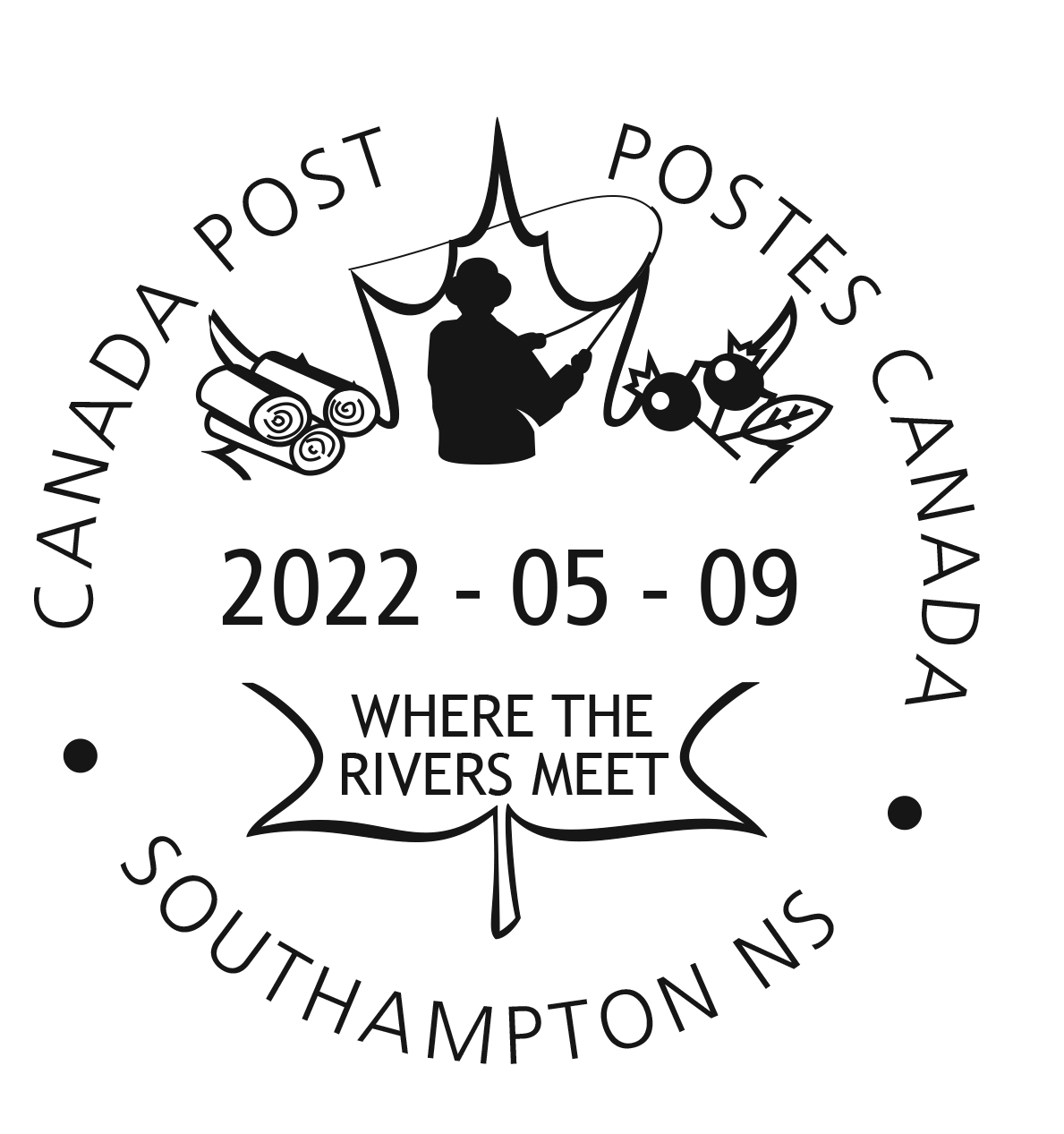 Maple leaf outline with local motto Where the Rivers Meet, dated May 9, 2022.