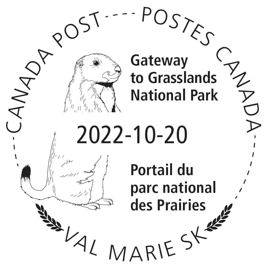 Black-tailed prairie dog with local motto Gateway to Grasslands National Park, dated October 20, 2022.
