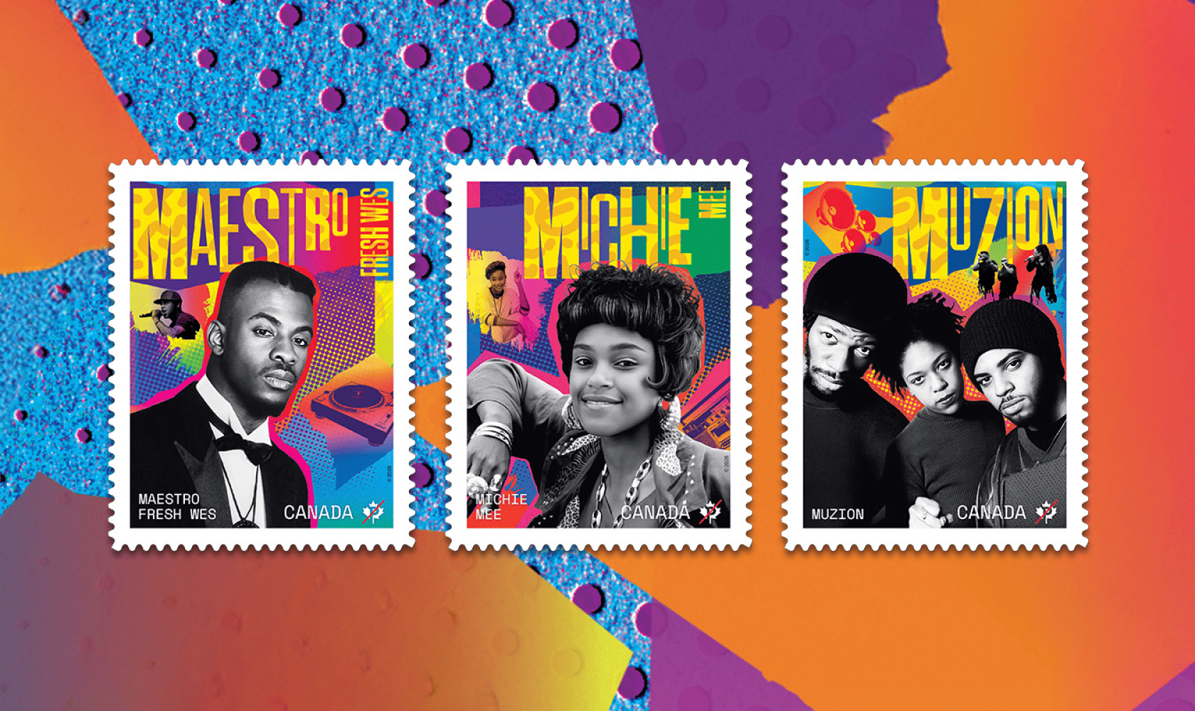 The three Black History Month series stamps feature Canadian hip-hop artists Maestro Fresh Wes, Michie Mee and Muzion.