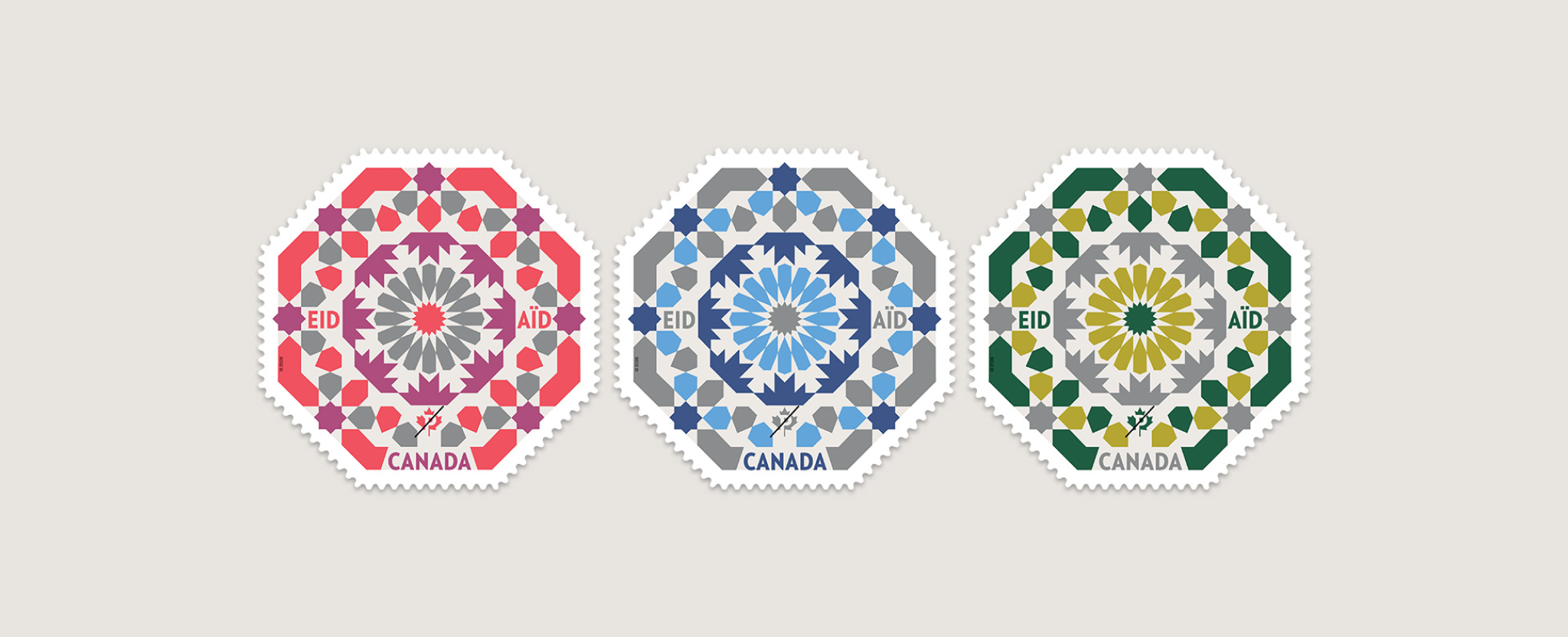 3 Eid stamps featuring geometric patterns with stylized images of a maple leaf, representing Canadian cultural diversity and Islamic tradition.