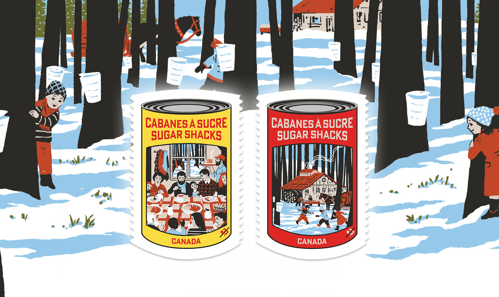 Two colourful maple syrup can–shaped stamps showing sugaring off season in a folk art style inspired by 1940s–1950s commercial imagery.