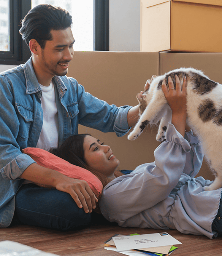 Un couple souriant joue avec un chat par terre. Il y a une pile de courrier &agrave; c&ocirc;t&eacute; d&rsquo;eux et des bo&icirc;tes en carton empil&eacute;es en arri&egrave;re-plan.