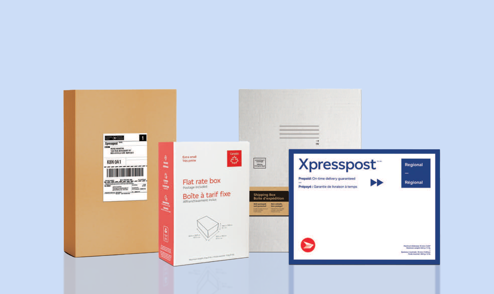 Canada Post packaging products, including a flat rate box, Xpresspost envelope, cardboard shipping box and padded mailer.