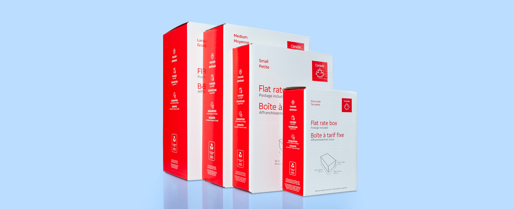 The 4 sizes of Canada Post flat rate boxes.