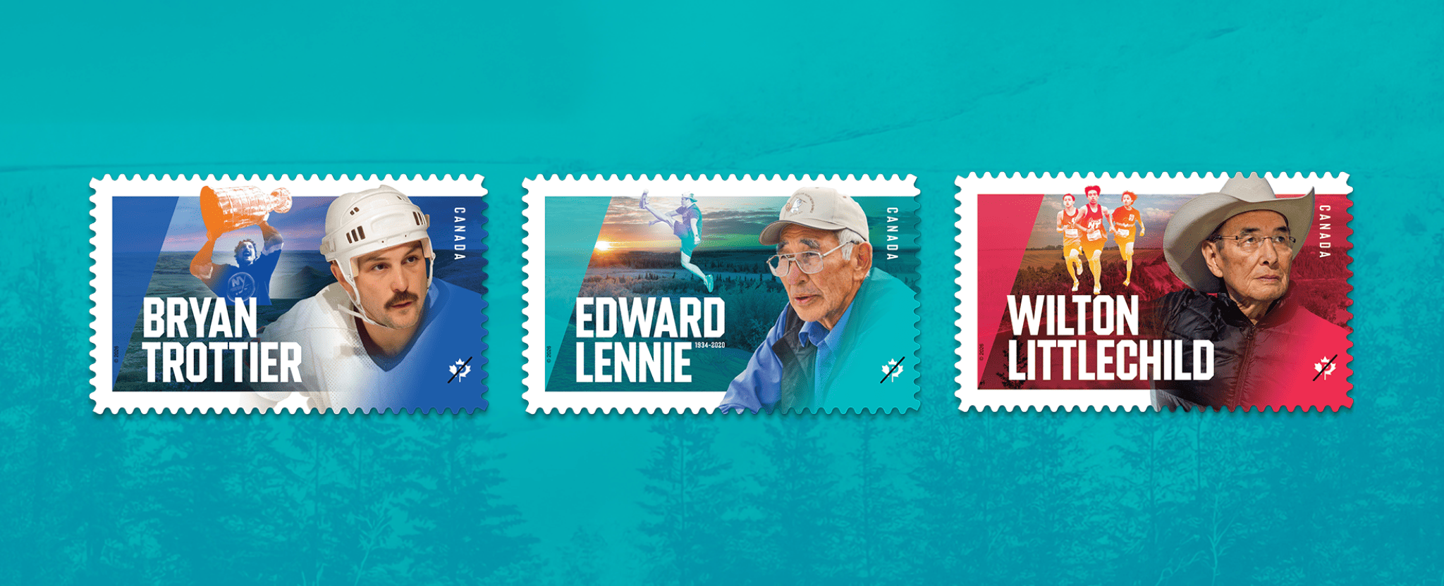 3 Indigenous Leaders stamps on teal background with portraits of Bryan Trottier, Edward Lennie and Wilton Littlechild, in blue, teal, and red blocks.