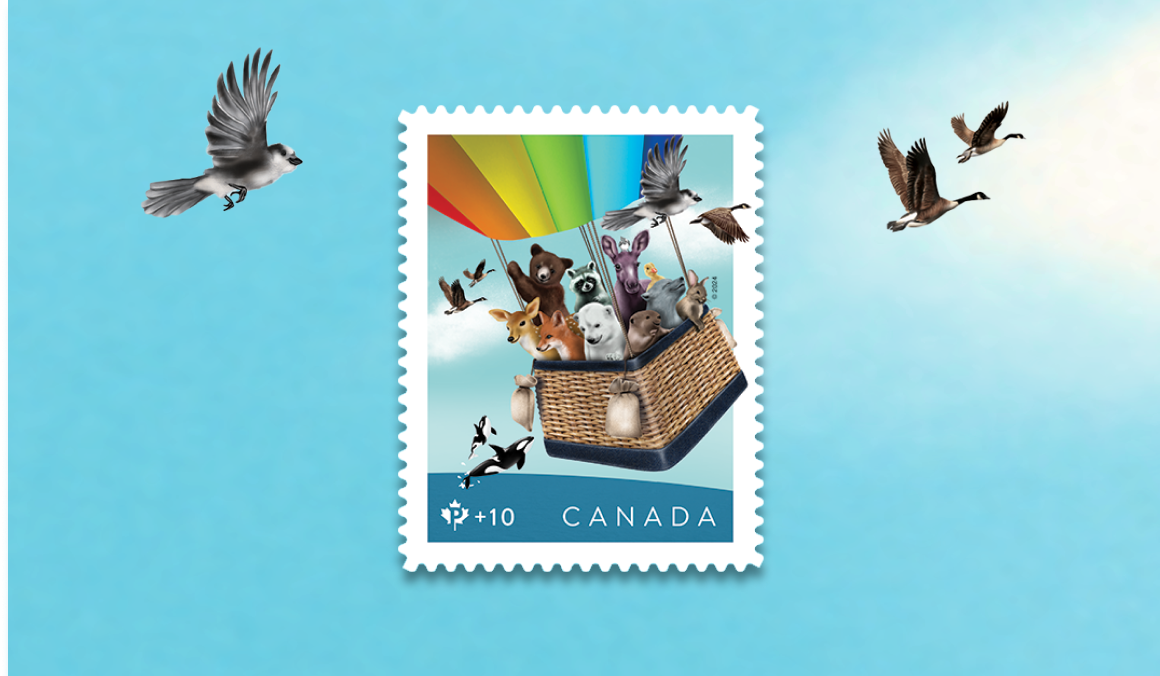 The 2024 Community Foundation stamp features an illustration of animals floating in a hot air balloon.