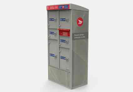 Canada Post parcel locker with six compartments and an outgoing mail slot.