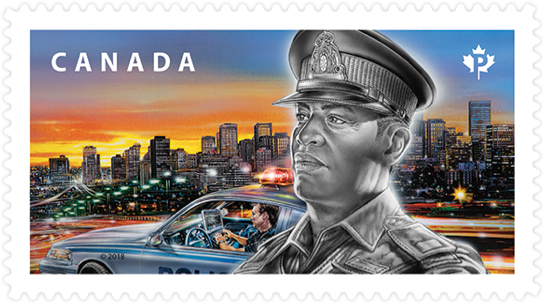 Canada Post stamp honouring Canadian police. Stamp depicts a police officer, police car and major city.