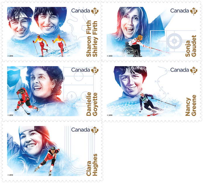 Canada Post stamps featuring athletes: Sharon and Shirley Firth, Sonja Gaudet, Danielle Goyette, Nancy Greene, Clara Hughes.