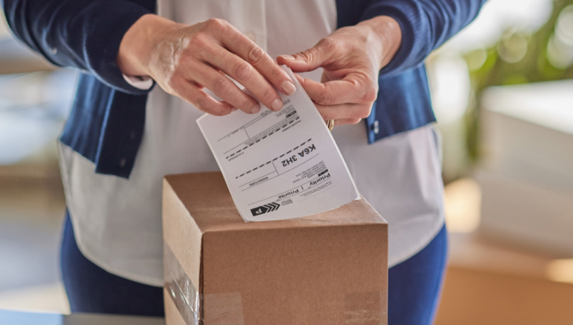 A woman affixes a Canada Post return label to the top of a package.