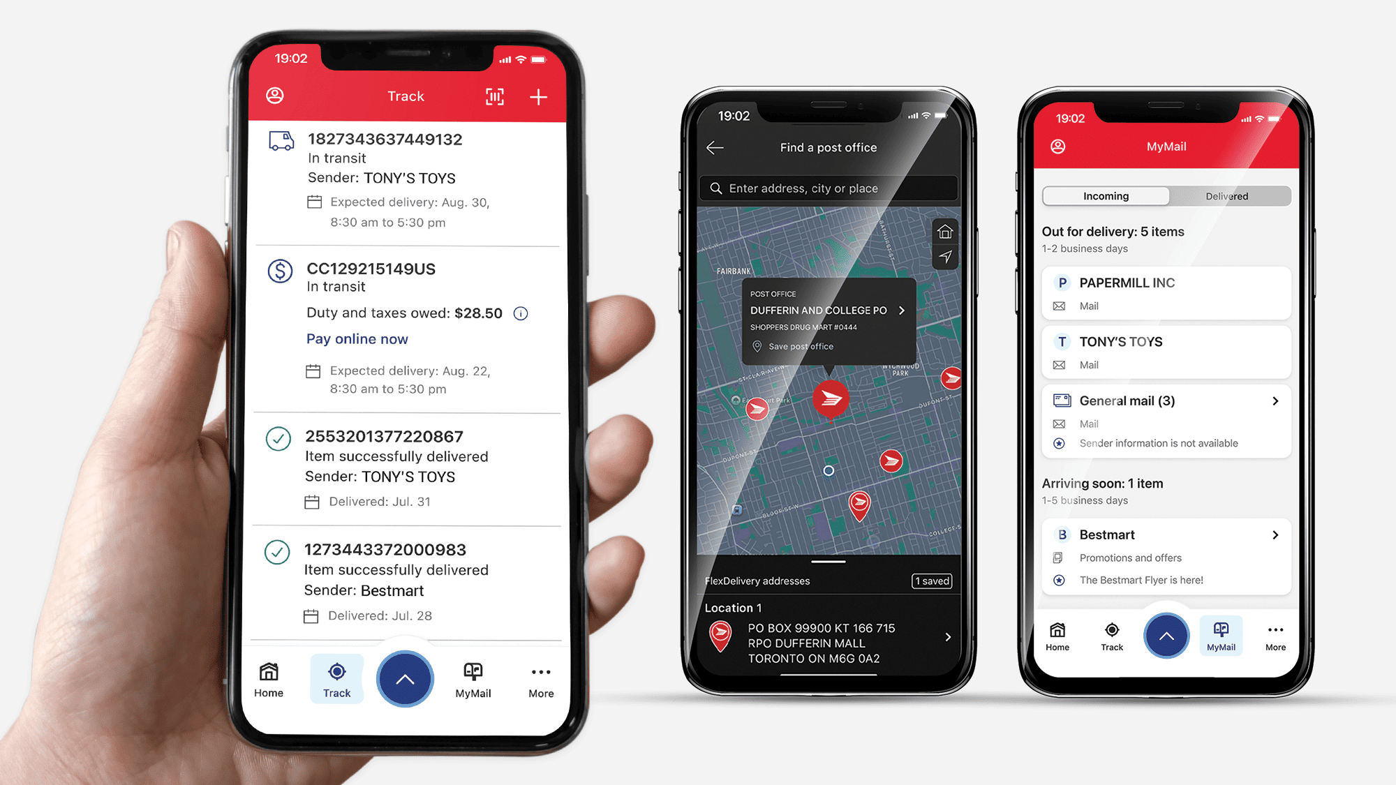 Smartphone screens display the Track, Find a Post Office and MyMail pages of the Canada Post app.